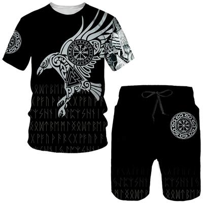 Viking The Raven of Tattoo 3D-Druck Herren-T-Shirt-Anzug, lässig, kurzärmelig, Retro-Stil, T-Shirts, Shorts, Harajuku, Sommer, zweiteiliges Set