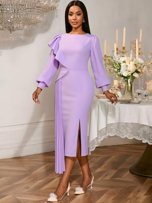 Autumn Winter Ruffle Long Lantern Sleeve Midi Dress Women Elegant Pleated Slim Bodycon Work Church Wedding Guest Party Clothing