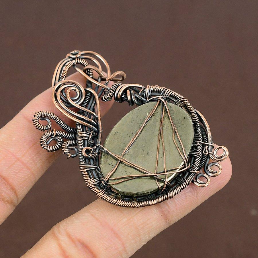 Natural Pyrite Agate Gemstone Handmade Copper Wire Wrap Pendant 2.76" F0I28
