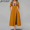 BITCED Women Fashion Casual Irregular Plaid Button Print Maxi Short Sleeve O-Neck Plus Size Party Dress