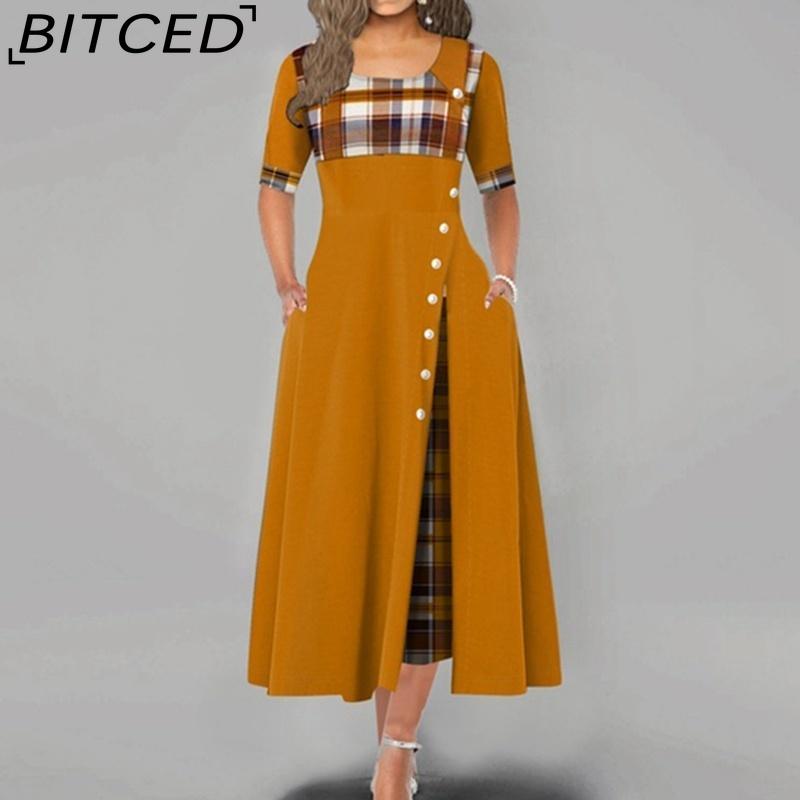 BITCED Women Fashion Casual Irregular Plaid Button Print Maxi Short Sleeve O-Neck Plus Size Party Dress