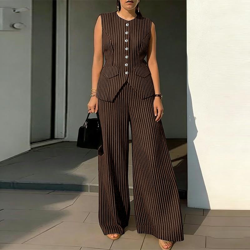 ZANZEA Women Sleeveless Vest Tops and Pants Stripe Print Two Piece Suit Sets