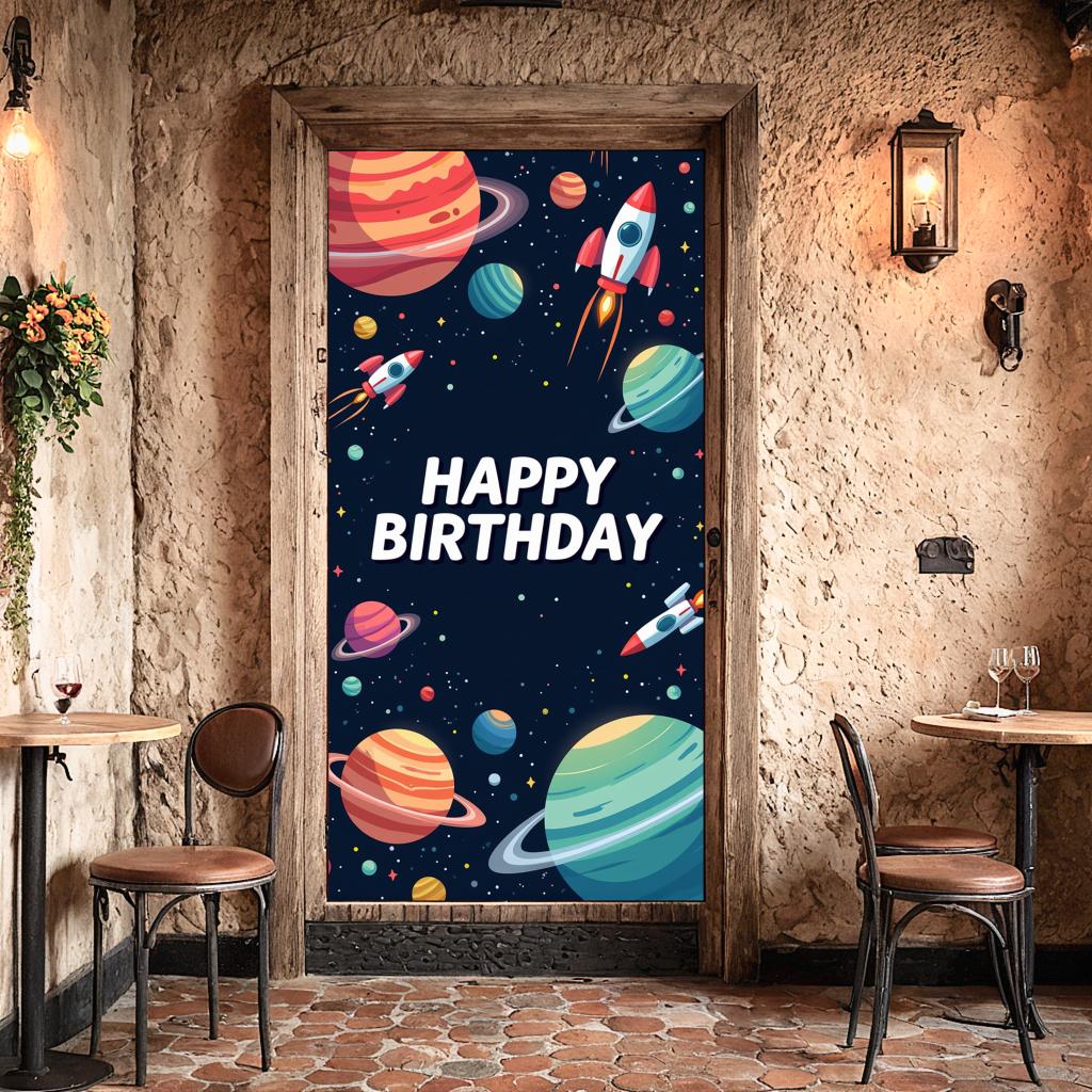 Rocket Birthday Decoration Creative Planet Durable Birthday Banner Vibrant Birthday Backdrop for Outdoor
