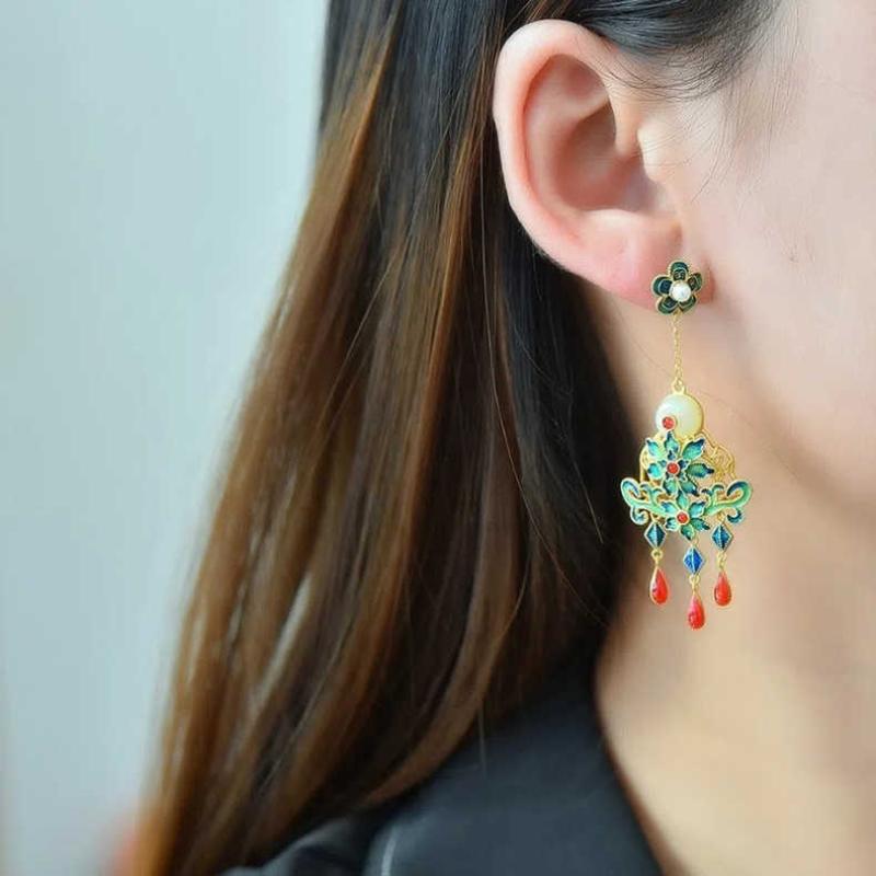 Natural An Jade Flower Enamel Tassel Earrings For Women Exquisite Retro Style Classical Cheongsam Hanfu  Accessories