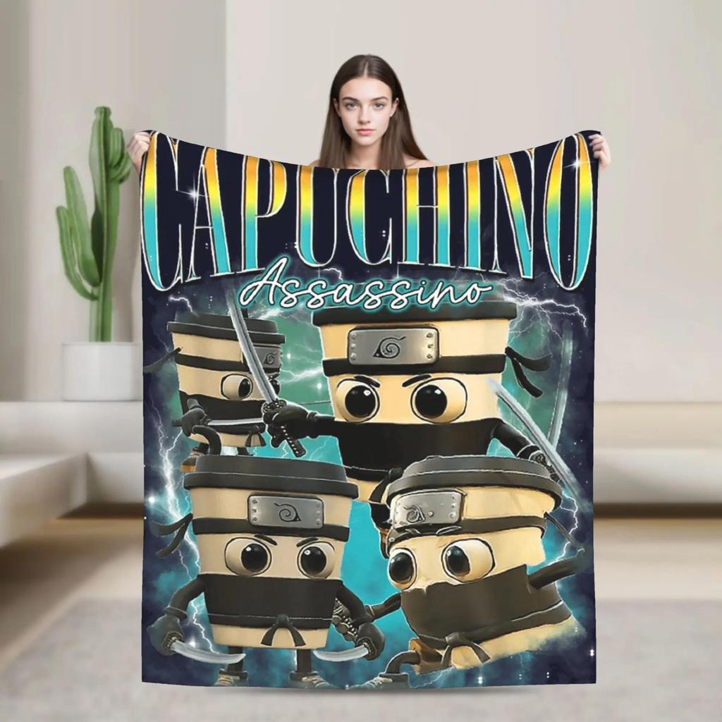 Italian Brainrot Cappuccino Assassino Cool Design Plush Flannel Throw Blanket for Living Room Soft Bedspread for Boys and Girls