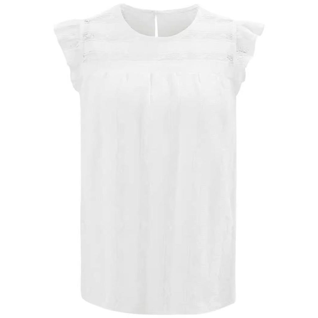 Frühlings- und Sommerbluse für Damen, lässig, einfarbig, Spitze, Rundhalsausschnitt, ärmellos, gestreift, ausgehöhlt, gerades Rohr und kleine fliegende Ärmel