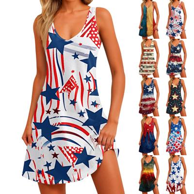 Damen Sommerkleid mit Print und Taschen, lässig, Sommer, Boho, Strandkleid, T-Shirt-Kleid, V-Ausschnitt, lockere Tanktop-Kleider