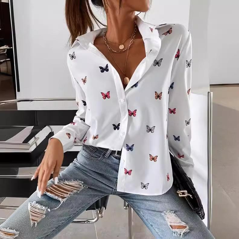 Damen Bluse Modisch Bedrucktes Langarmshirt Schmetterling Bedrucktes Reversshirt