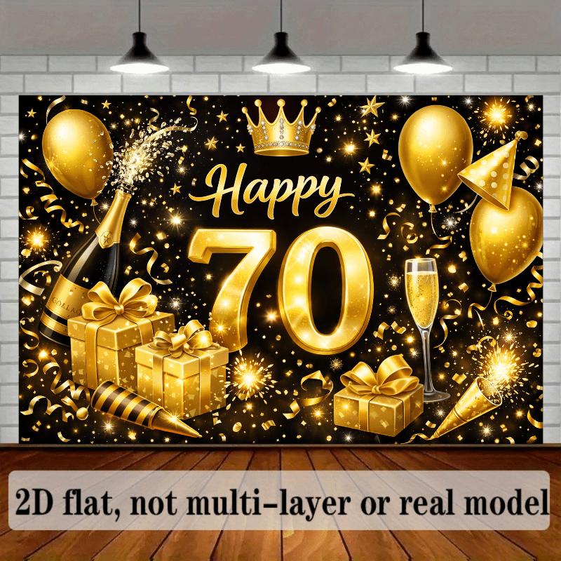 2D Plane 70th Birthday Party Backdrop - Golden Luxury Theme  Durable Polyester Material  Suitable for Family Gatherings