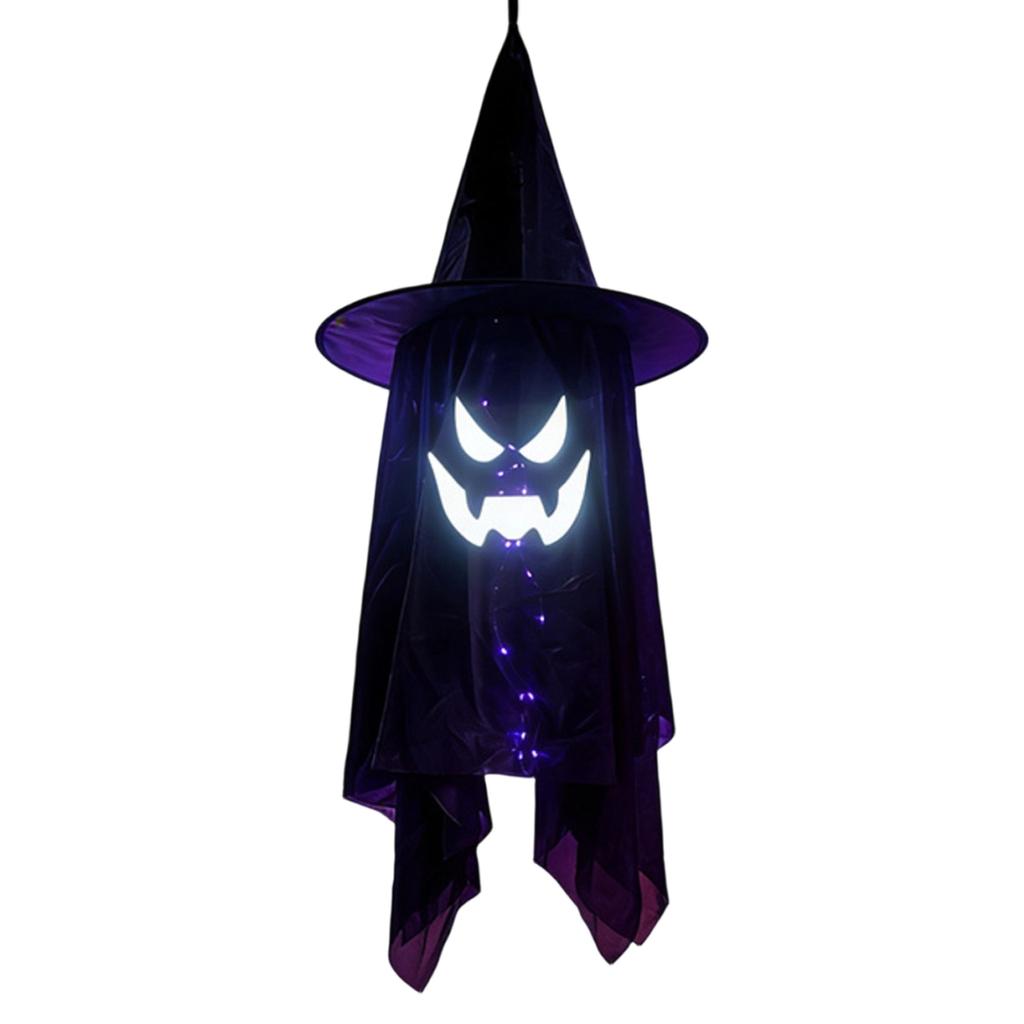 Halloween Hanging Ghost Decoration with Witch Hat and LED Lights for Indoor Outdoor Party Haunted House Yard Hanging Decor