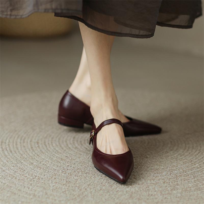 FOREADA Women Mary Janes Shoes PU Leather Flat Shoes Pointed Toe Buckle Strap Causal Ladies Footwear Spring Wine Red Big Size 43