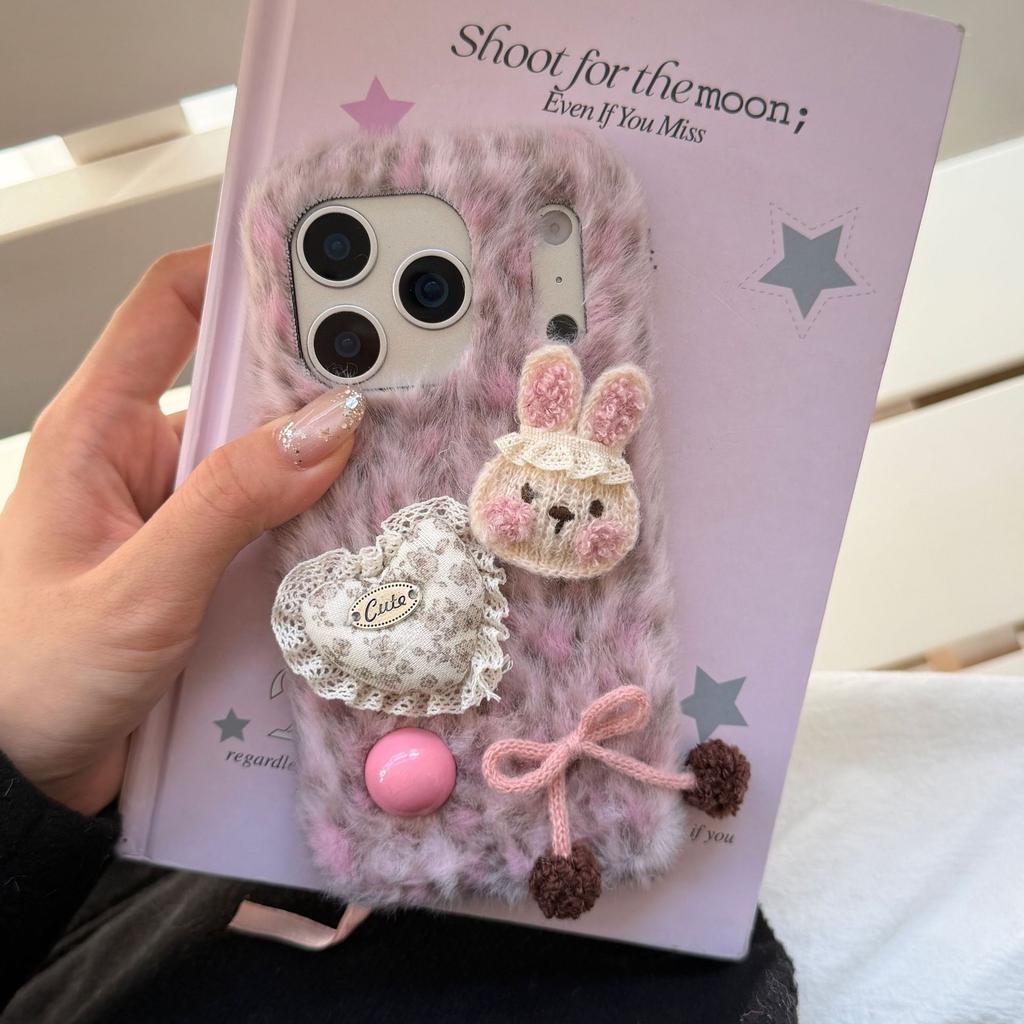 Leopard Print Plush Rabbit Case Suitable for iPhone 17 Pro Max iPhone 16 Handle Strap 15 Cute 14/13