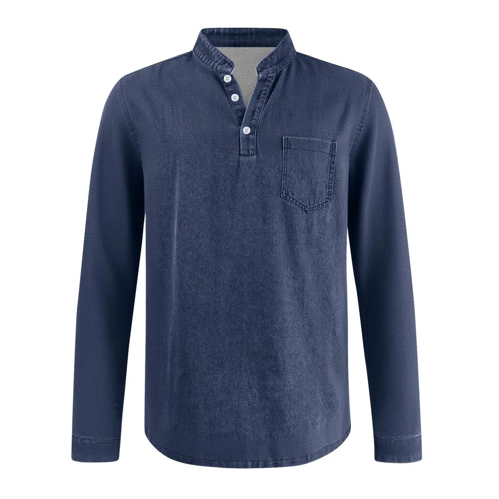 Men's Henley Long Sleeve T-Shirt Vintage Washed Denim Casual Tops Button Down Crew Neck Loose Fit Daily Streetwear for Men