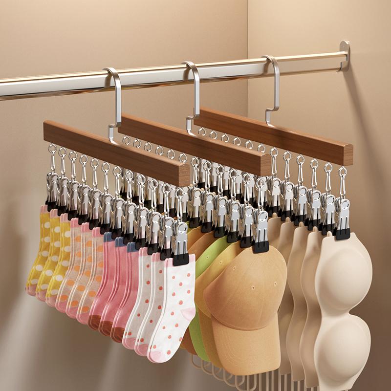 I KNOW Vintage Color 10 Clips Wood Hanger Strong Wooden Storage Rack Multi-function Tie Socks Pants Hanging No Trace Drying Rack