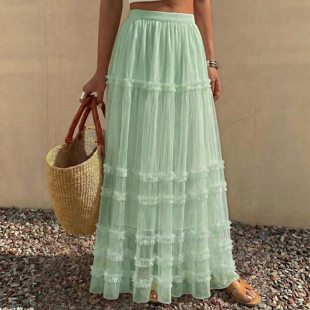 Qooth Lace Edge Fluffy  Layered Tulle Skirt Ankle-length with A Full Flared Silhouette QT2862