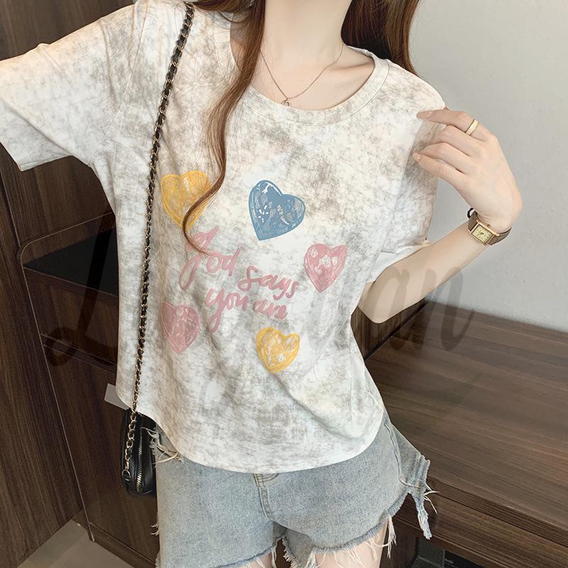 

2026 Plus Size Women s Tie-dye Heart Letter Print Short Sleeve T-shirt 3XL Plus грязно-белый