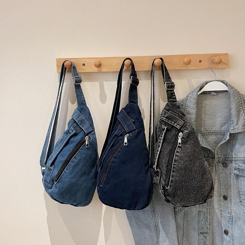 Retro denim women's breast bag simple large capacity casual shoulder bag Korean style portable messenger bag