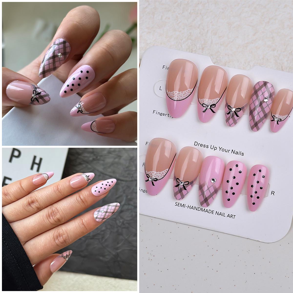 Almond Shaped Pink Plaid Nail Tips with Pink Bow and Lace