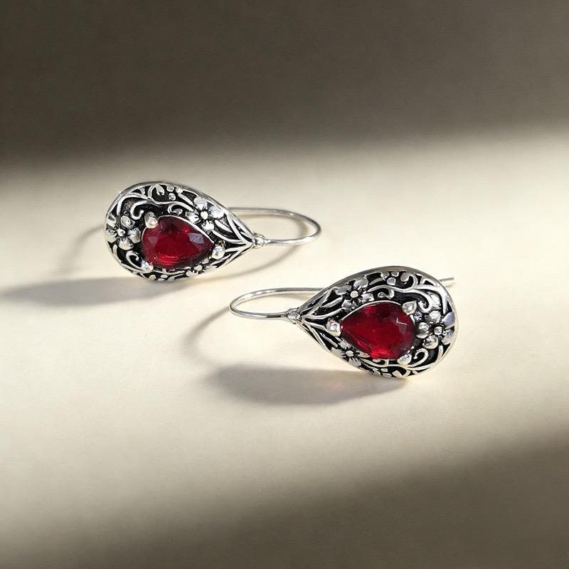 925 Sterling Silver Earrings For Women Trendy Geometric Retro Red Stone Earring Jewelry Prevent Allergy Party Gift Accessories