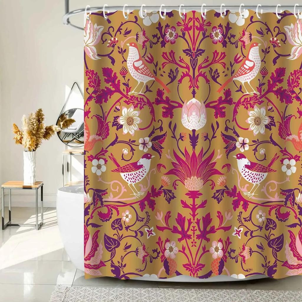 Vintage Garden Art Floral Shower Curtain, Heavy Weight Fabric, Washable Bath Curtains For Bathroom