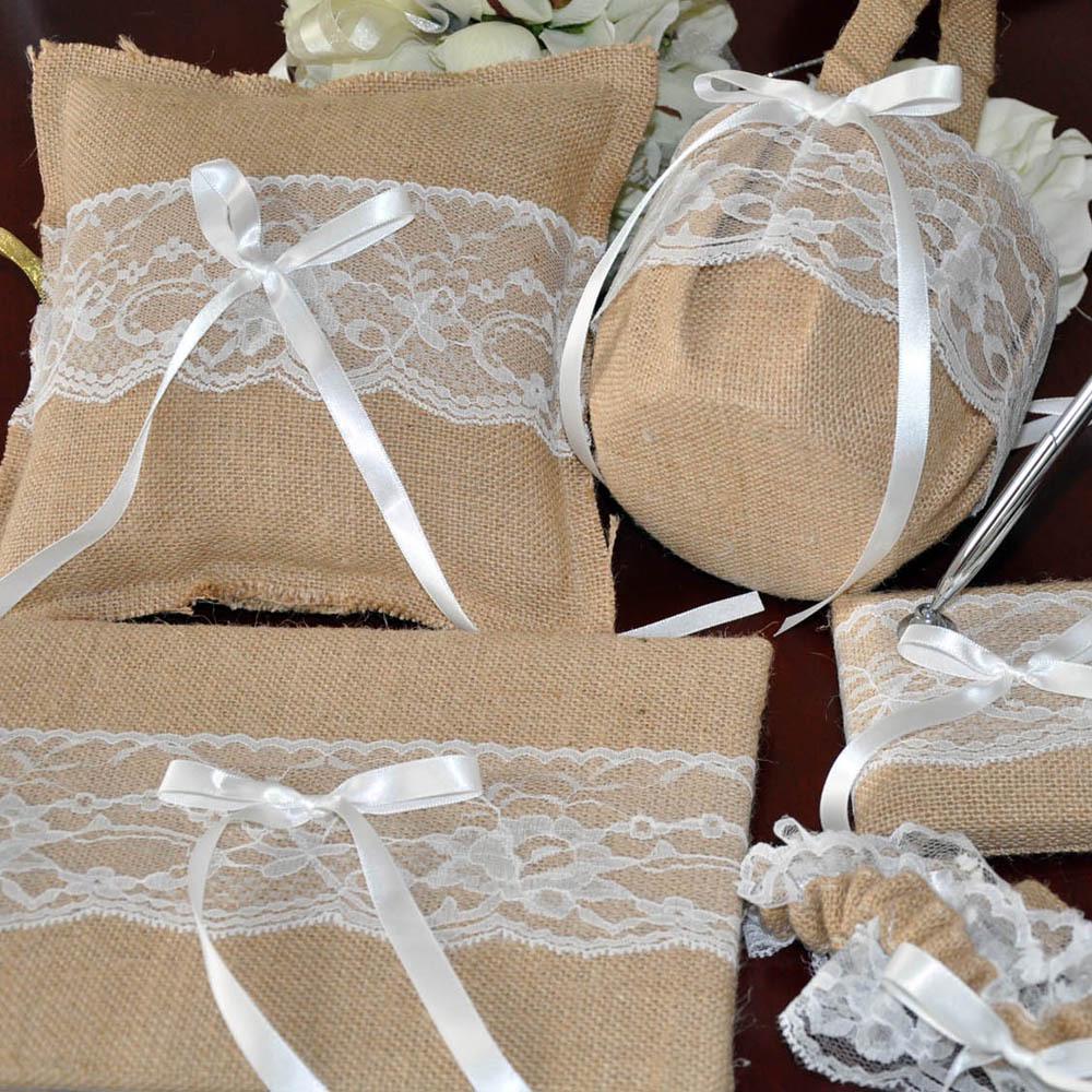 European & American Burlap Bride Ring Pillow Set for Weddings