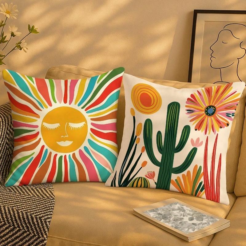 Floral Sunrise Cactus Throw Pillow Covers Bohemian Abstract Yellow Green Blue Pillowcases For Living Room Bedroom Sofa Bed Decor