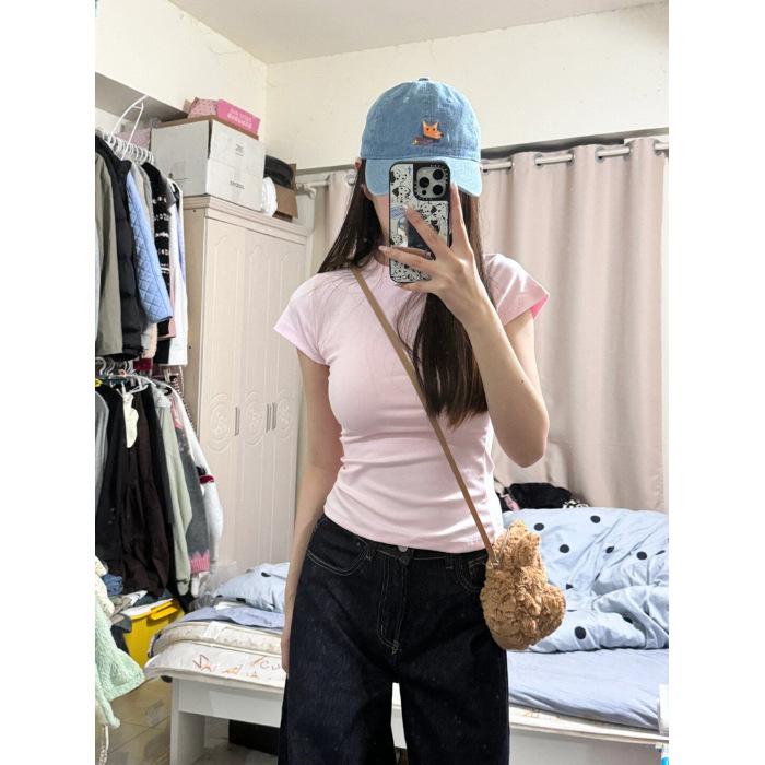 

Slim-fit short sweet and spicy small top summer new tight short-sleeved front shoulder pink T-shirt bottoming shirt chic women s clothing S розовый