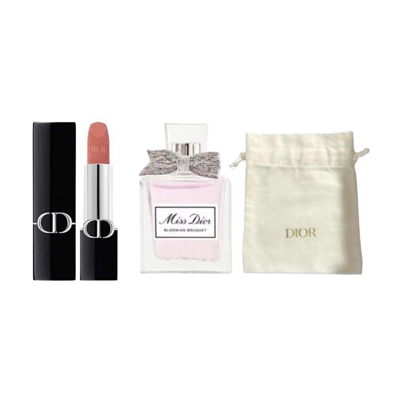 DIOR Perfume Vibrant Blue Gold Lipstick Sample Makeup Trial Set Velvet Satin Brightening #velvet100+flowery eau de toilette 5ml+ gold label small bag синий