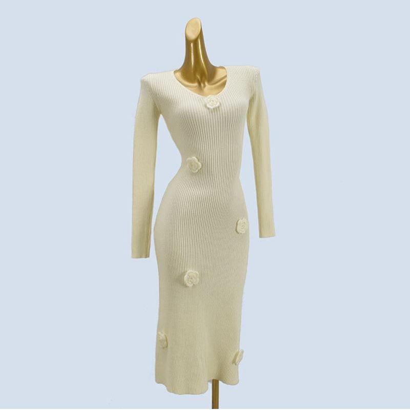 French Round Neck Pure Color Knitting Dress Female Spring & Fall New Arrival Silm Flower Stylish Sweater Skirt