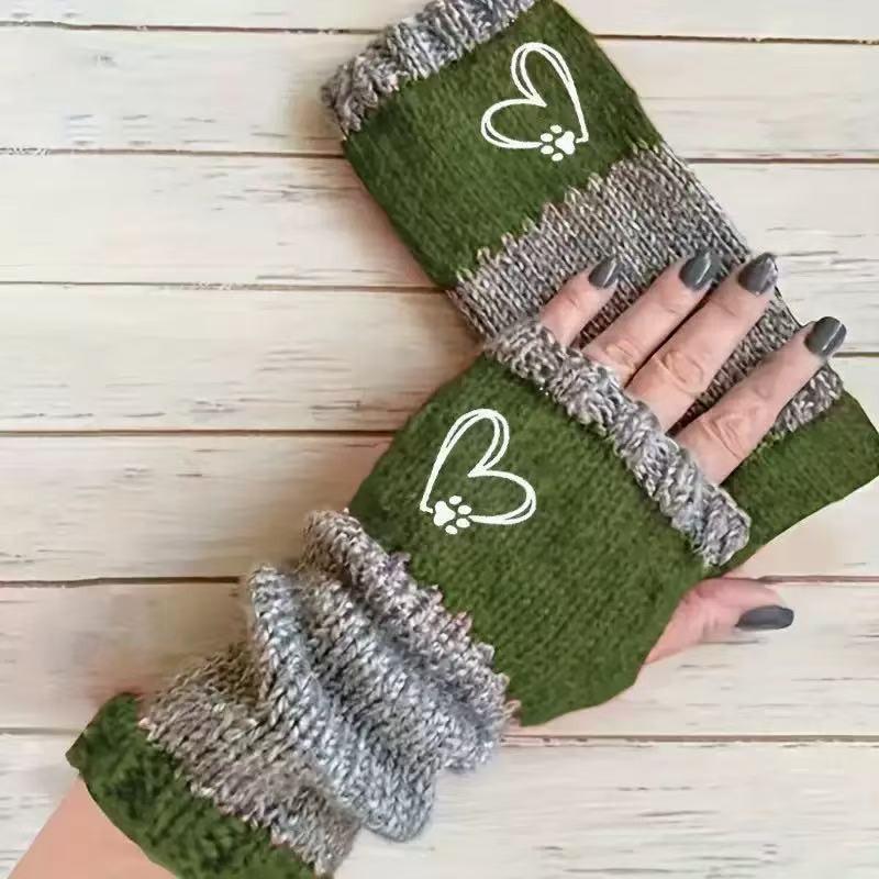 Gants en tricot sans doigts avec broderie de chat et patchwork, Gants décontractés ouverts aux doigts tendance pour femme, Mitaines chaudes d'hiver sans doigts