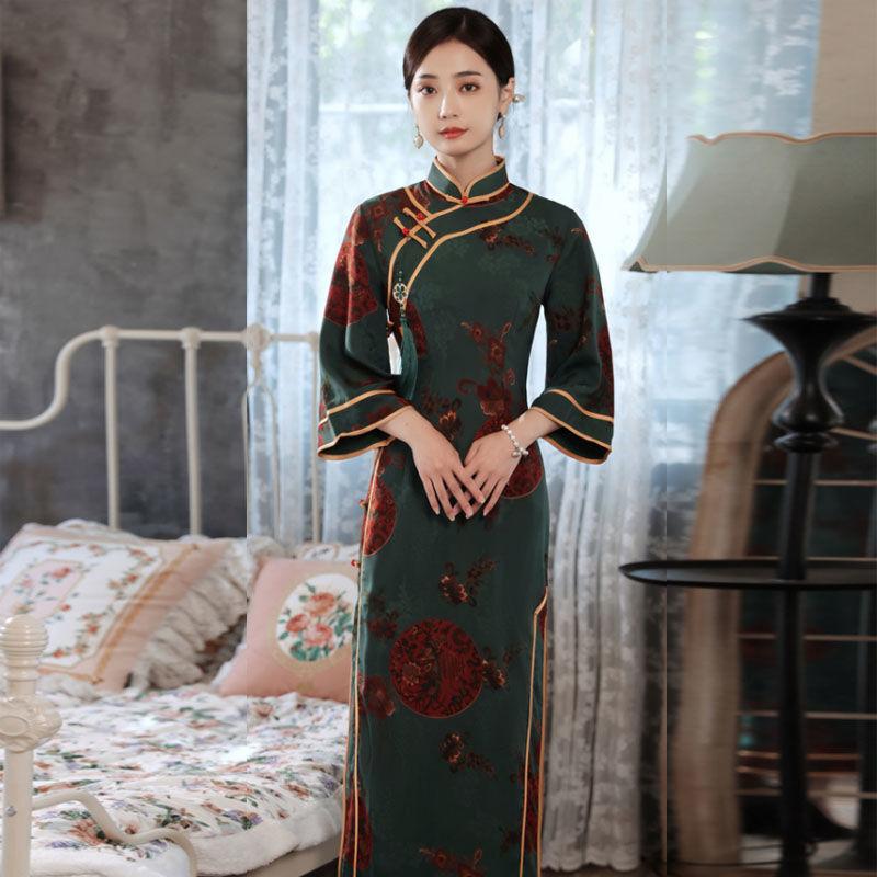 Qipao Spring and Autumn Chinese Style Vintage Print Slim High End Improved Cheongsam Dress for Women