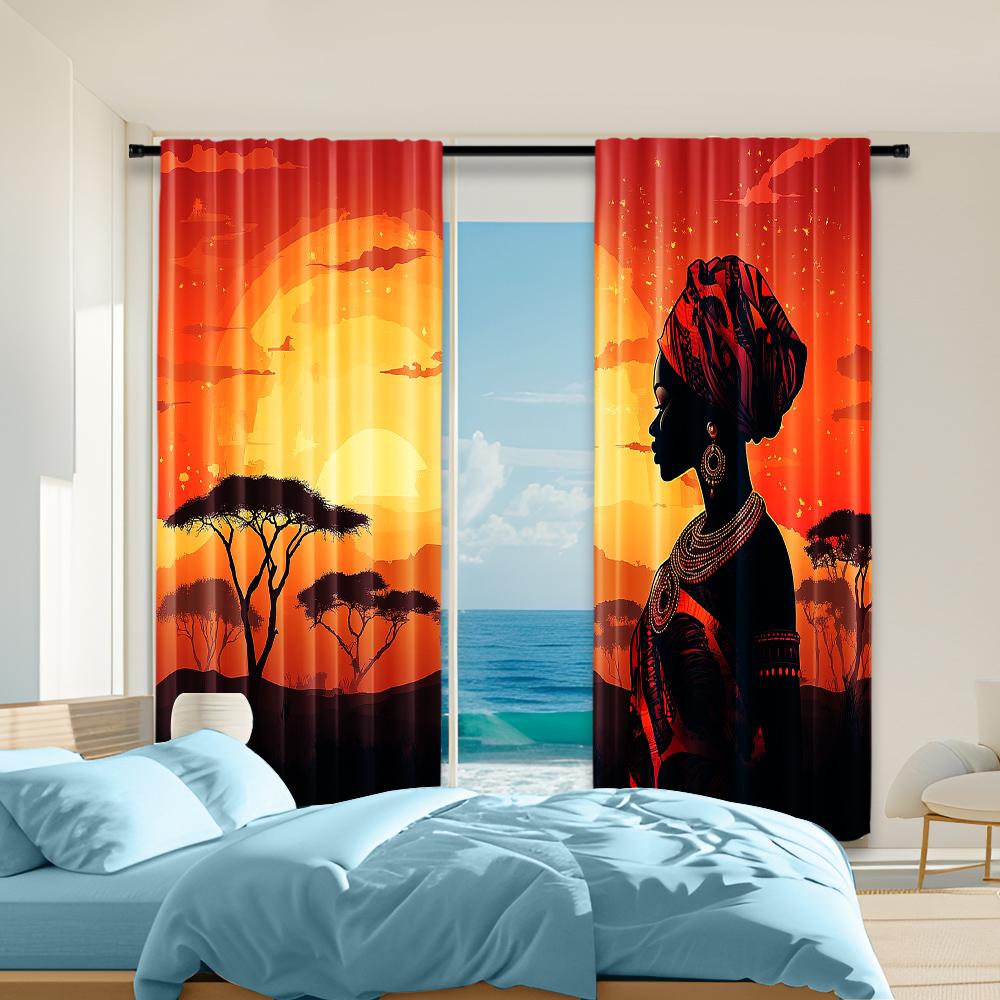 

2 pcs versatile polyester transparent curtains for home decoration African Women in Tribal Attire Under Sunset Sky for use in 100*130 Rod Pocket 1pcs