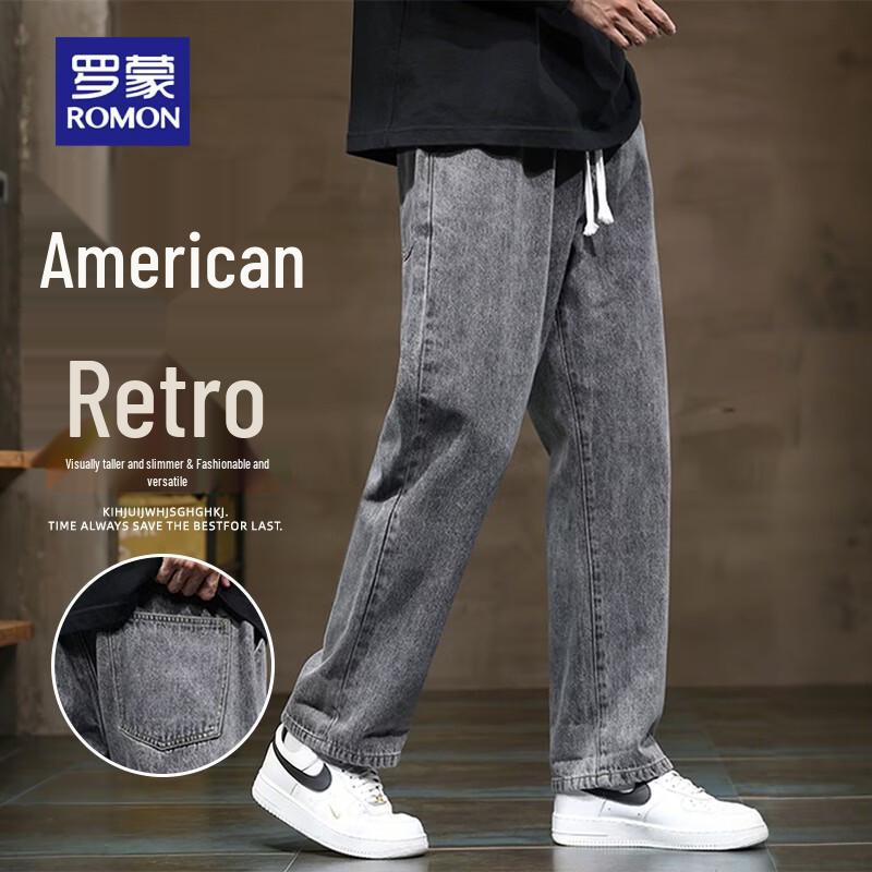 ROMON Men s Loose Fit Straight Leg Elastic Waist Jeans L