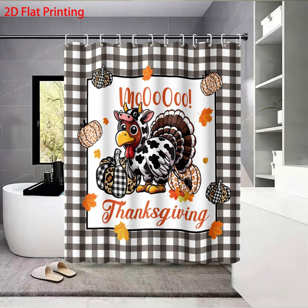 1Pc Thanksgiving Turkey Print Waterproof Shower Curtain, Bathroom Partition Privacy, Multiple Sizes, 12 Hooks, Easy To Install