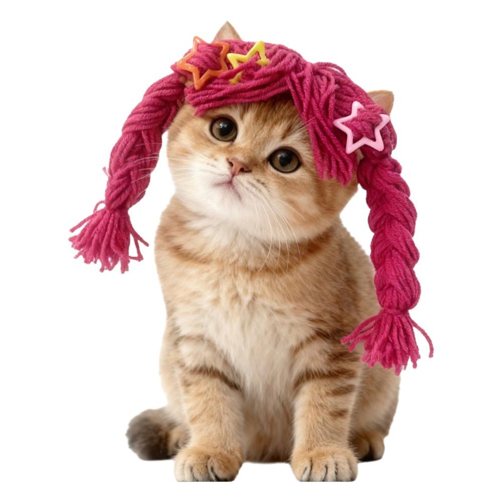 

Funny Ear-revealing Design Cat Knitted Hat Wig Knitted Washable Cat Wigs Pet Decoration Wig Photography Prop