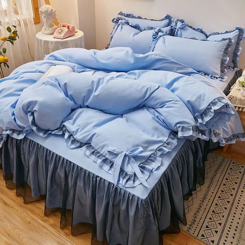 4pcs/set Korean Version Thickened Brushed Four-piece Sets Non-slip Bedspread Lace Ruffled Bed Skirt Princess Style Bedding Set