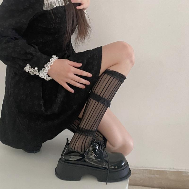 Womens Knee High Socks Girls Lace Layered Stockings Tight Socks Japanese Style Lace Socks for Skirt Shorts
