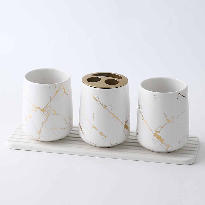 Matte Gold Ceramics Bathroom Set Decor Soap Dispenser Toothbrush Holder cup Soap Dish tray Mouthwash Cup bathroom Washing Set