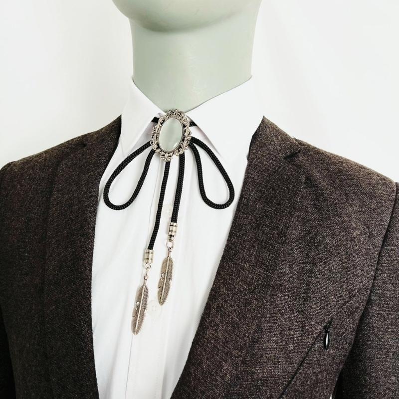 Men Women Handmade Vintage Bolo Tie Western Cowboy Braided Rope Necktie with Antique Stone Feathered Pendant Necklace
