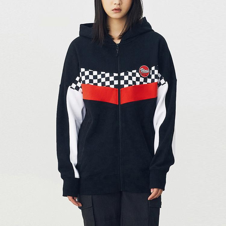Vans American Vintage Black And White Checkerboard Patchwork Hooded Zip-Up Jacket Unisex Jacket VN0A4UTOBLK