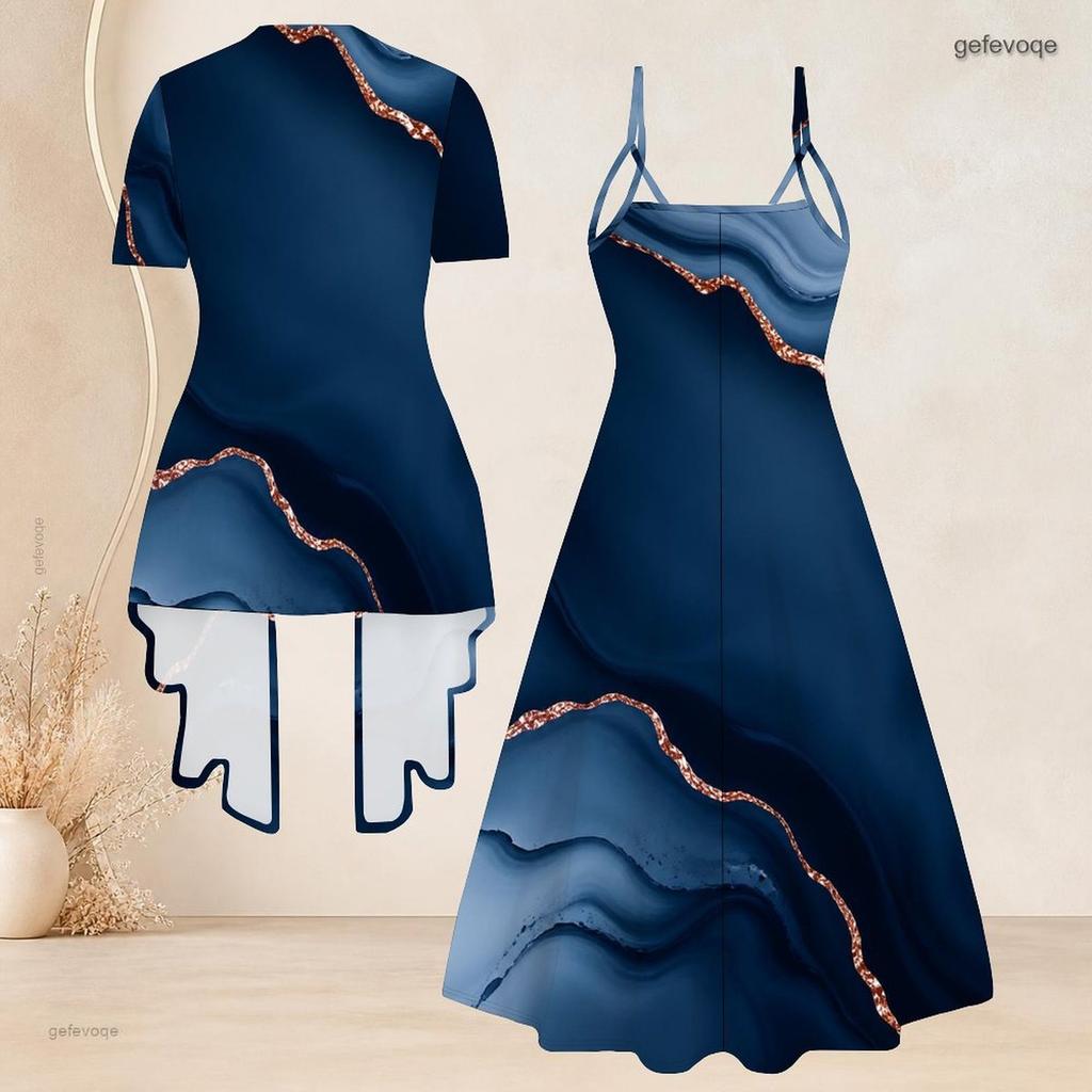 Women Plus Size Two Piece Set Marble Printed Short Sleeve Cardigan V Neck Strappy Flared Dress