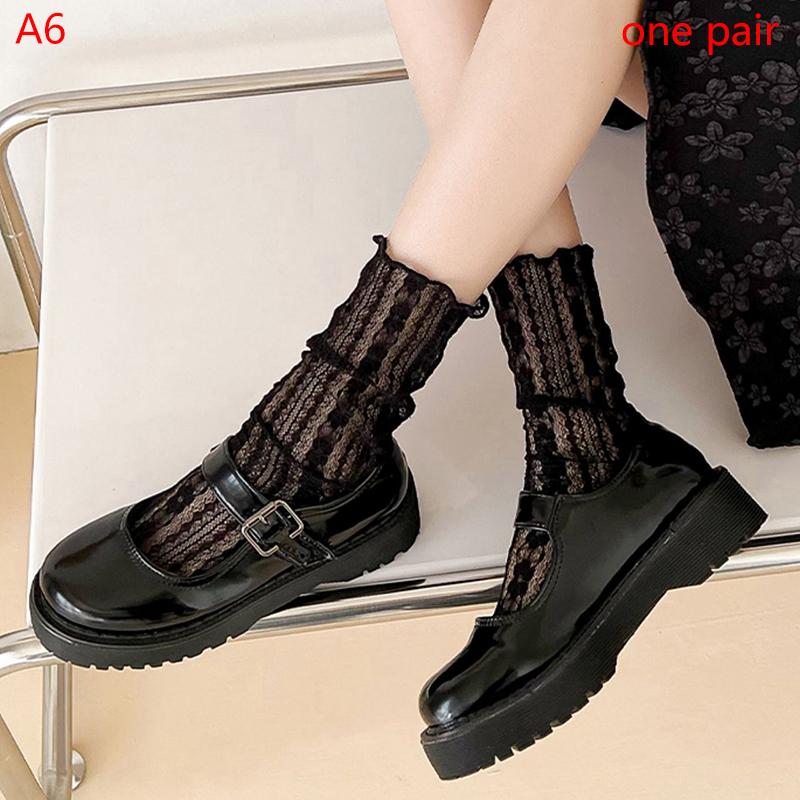 Summer Women Ultra Thin Floral Sexy Transparent Ice Glass Filament Long Tube Korean Lace Medium Tube  Socks Lolita Socks