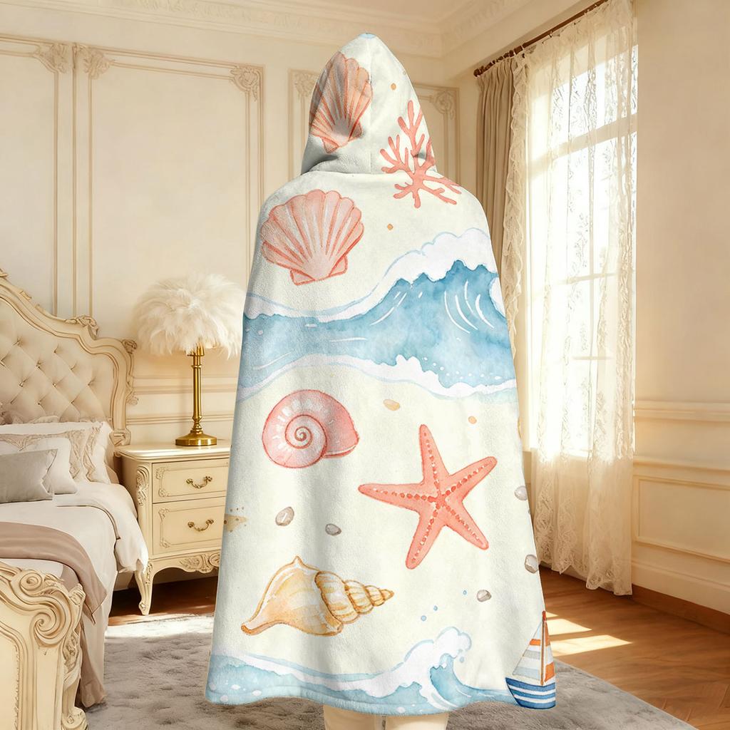 1pc Sailing Ship Anchor Printed Flannel Hoodie Wearable Cloak Blanket Soft Warm Multi Size Casual Blanket Machine Washable