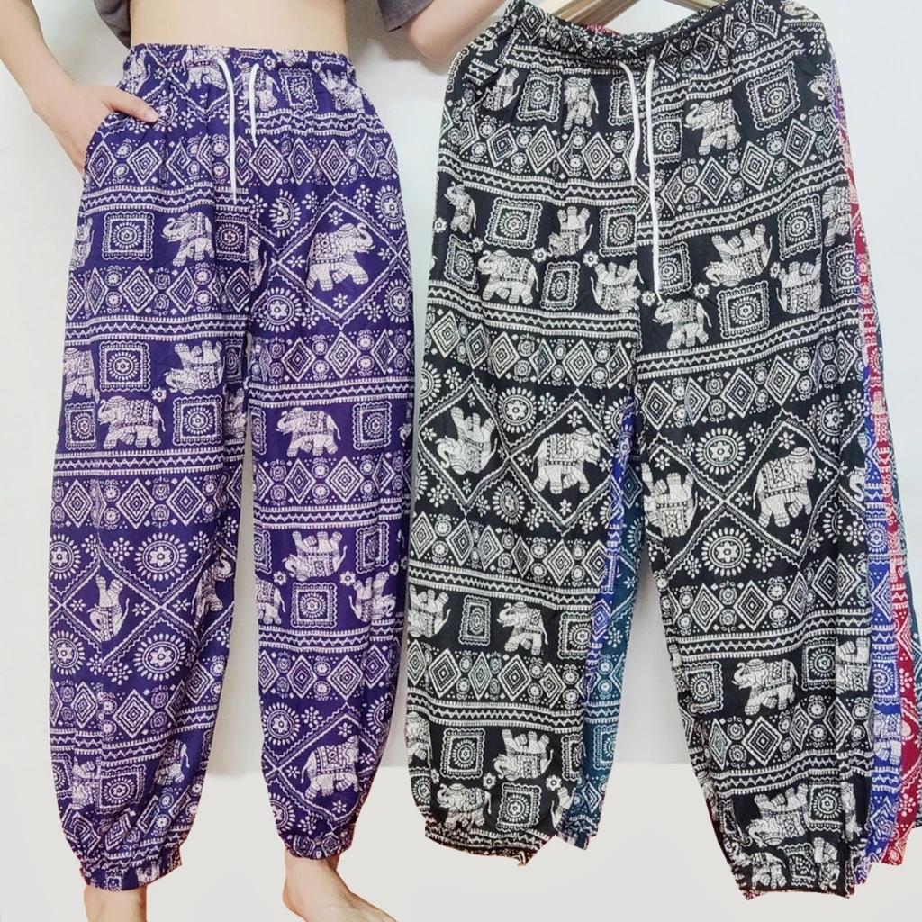 Elephant Jump Pants Pocket Adjustable Elastic High Waistband Strap Unisex Man Women Print Thailand Casual Streetwear Beach Bohemian Retro Vintage