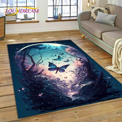 Alfombra de Dibujos Animados Flor Fantasía Mariposa HD para Hogar Sala de Estar Dormitorio Sofá Felpudo Decoración, Alfombra para Habitación Infantil Alfombrilla Antideslizante para Suelo
