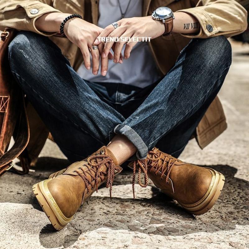 Fashion Vintage Men Pu Leather Boots Autumn Winter Waterproof Comfortable High Top Boot High Quality Wear-resistant Warm Casual Sneakers