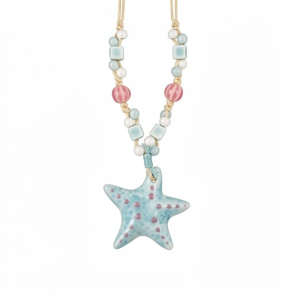 Starfish Beaded Long Chain Necklace Ceramic Women Pendant Rope Necklace Bohemian Accessories