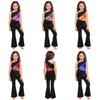 Girls Color Block Dance Jumpsuit Glittery Rhinestones Mesh Ruched Overlay Asymmetrical Bell Bottom Bodysuit