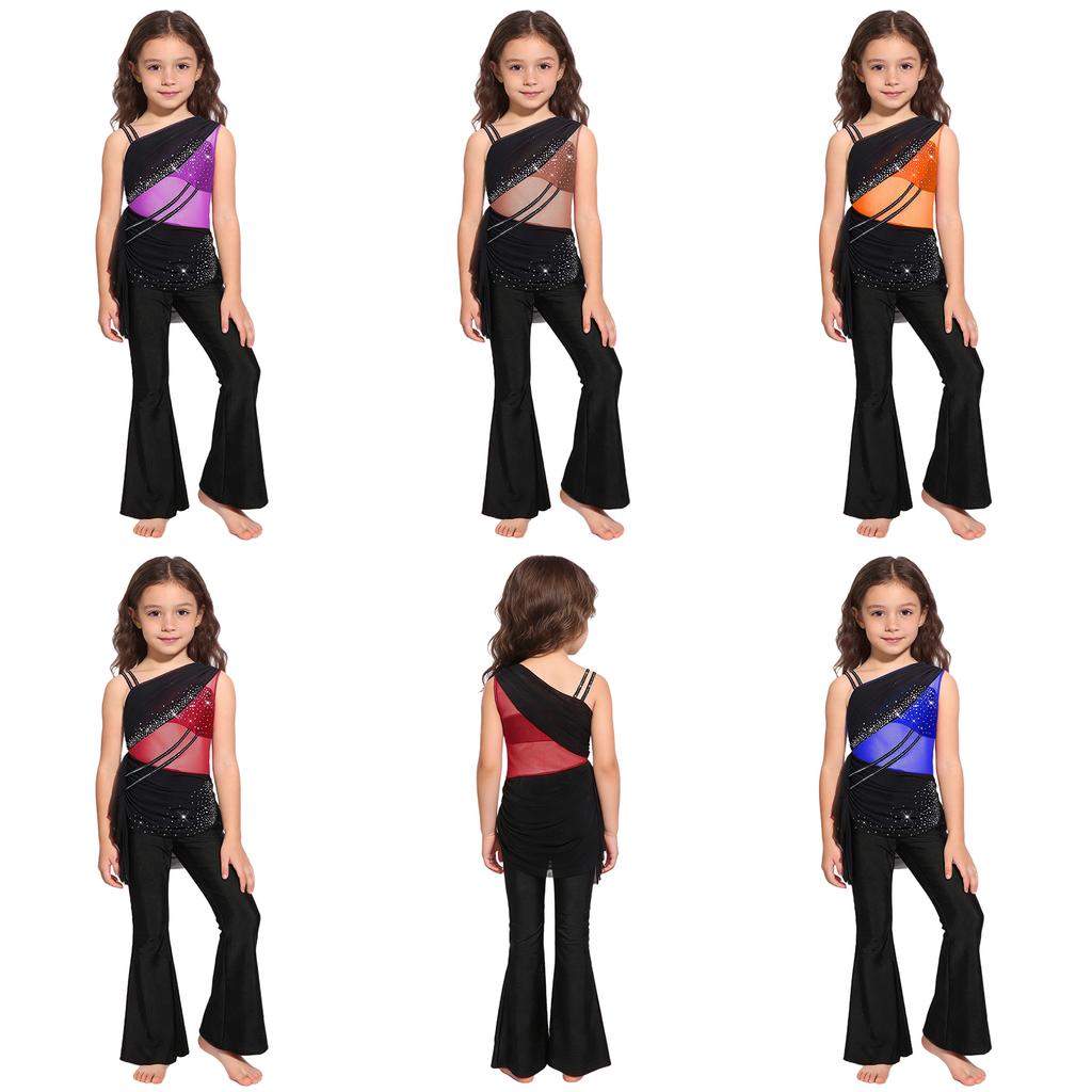 Girls Color Block Dance Jumpsuit Glittery Rhinestones Mesh Ruched Overlay Asymmetrical Bell Bottom Bodysuit