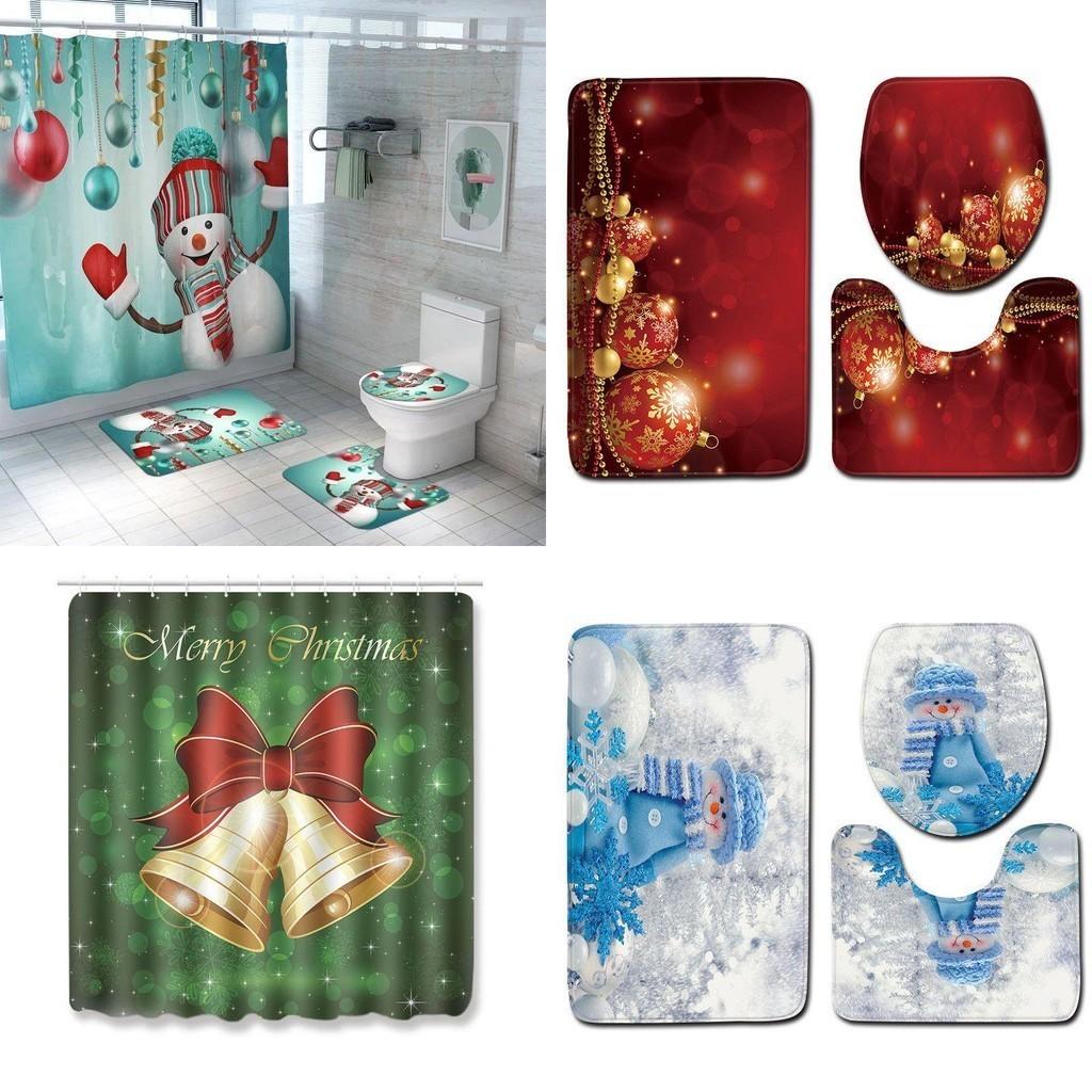 Beautiful 4pcs Christmas Shower Curtain And Toilet Cushion Set For Holiday Home Decoration